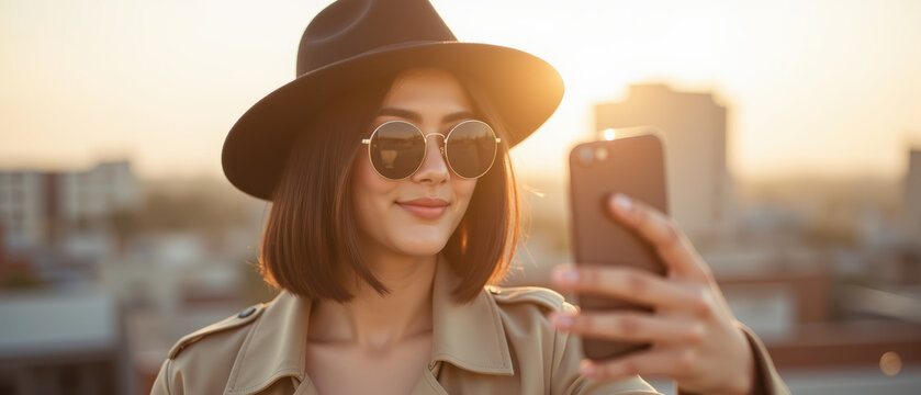 Stylish woman wearing sunglasses and hat takes selfie on rooftop during sunset, showcasing trendy urban lifestyle - Powered by Adobe