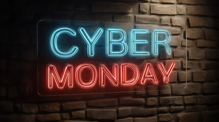 Cyber Monday neon sale sign on brick wall background for seasonal shopping and store promotion