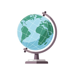 Stylized illustration of a globe, showcasing continents and oceans, mounted on a stand