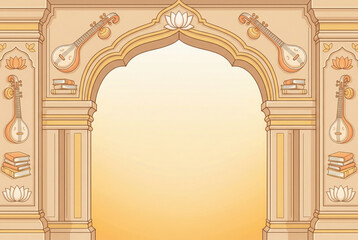 Indian Archway with Veena Instruments and Stacked Books Illustration musical instrument