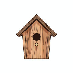 Cartoon birdhouse with a round hole, wooden textures, and a small peg