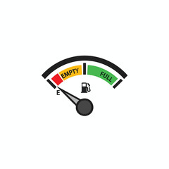 A graphic of a fuel gauge showing fuel level. Empty to Full. Needle is near empty