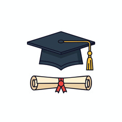A graduation cap and scroll are depicted with a ribbon