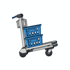A vector illustration depicts a blue handled shopping cart, with two stacked baskets