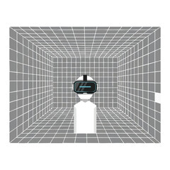 A person with a VR headset stands in a gridded, virtual environment