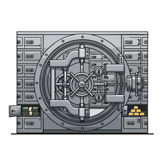 A stylized bank vault illustration, with open compartments of cash and gold bars