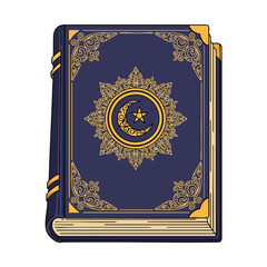 Intricately designed dark blue book with gold accents, and a crescent and star emblem