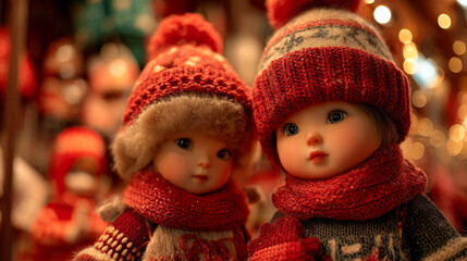 Adorable Winter Dolls in Red Knit Hats and Scarves at a Warmly Lit Christmas Market Stall