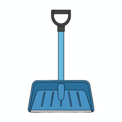 A blue shovel with a D-shaped handle is illustrated, set against a plain white background