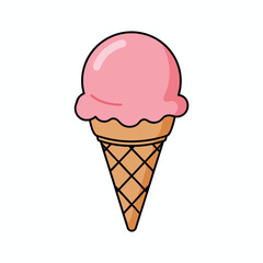 A pink ice cream scoop rests on a brown waffle cone, black outline