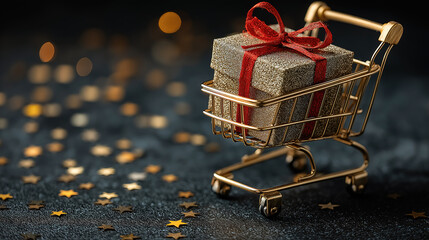 Golden shopping cart with red ribboned gift box and star confetti on dark surface for holiday