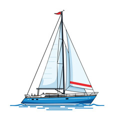 Colorful cartoon sailboat sailing on water. It has sails, a red flag, and a blue hull