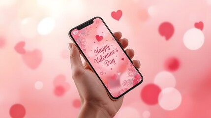 Romantic smartphone glow on Valentine's Day with pink hearts and flowers