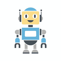 A smiling, friendly robot illustration with a square head and rounded limbs