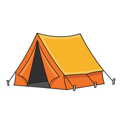 A cartoon camping tent in orange and yellow with supporting ropes and pegs