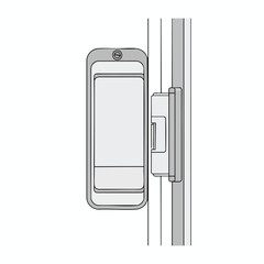 A schematic of a door handle and latch, side view, with rectangular and curved shapes