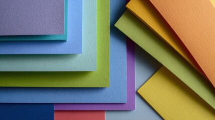 Colorful sheets of textured paper stacked in an artistic arrangement on a light background