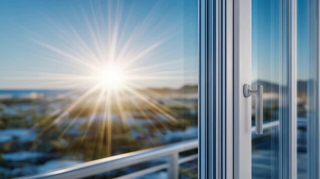 46High-detail view of premium aluminum balcony doors, beautifully aligned metal frame and crystal-clear glass catching soft light, slightly open to let in a refreshing current of air