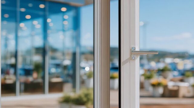 48Close-up architectural shot of elegant aluminum balcony doors, open just enough for fresh air to pass, displaying advanced insulated glazing and polished frame geometry
