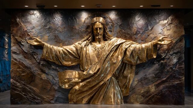 53A luminous golden depiction of Jesus on a feature wall, the raised 3D paint adding depth to his flowing silhouette, framed by warm recessed lighting that enhances the contemporary-