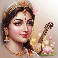 Indian Goddess Saraswati Playing Veena With Lotus Flowers Hindu deity musical instrument
