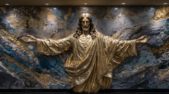 56A sophisticated gold-painted mural of Jesus, with gently raised surfaces creating a subtle bas-relief effect, blending classical reverence with luxurious modern design elements