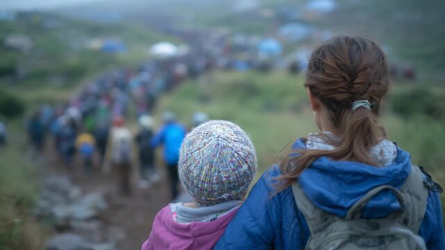 61Back shot of a woman and child leading a column of refugees stretching far into the distance, walking toward a mist-covered border crossing, the atmosphere heavy with struggle, uni