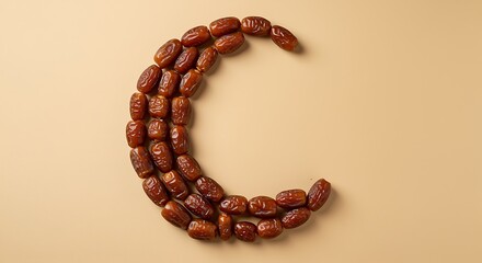 A crescent moon shape creatively formed from a row of brown dates