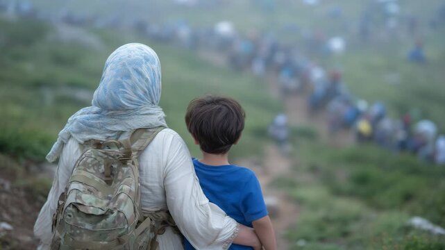 68Back view of a mother and child among hundreds of refugees moving slowly in a serpentine line, heading toward a fog-shrouded border checkpoint that sits barely visible on the horiz