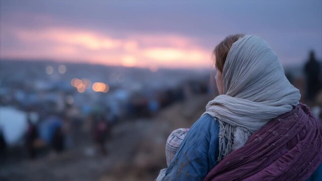 66Refugees seen from behind, walking in an endless line through a cold, windy plain, the woman in the foreground carrying a small child wrapped in a blanket, with a dimly lit border