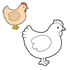 Cute hen colouring page for children. Simple black and white outline plus a coloured reference hen. Educational worksheet, kids colouring activity, printable vector illustration.