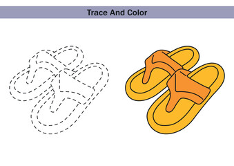Trace and color worksheet with a cute slippers. Dashed outline for tracing on the left and coloured example on the right. Educational vector illustration for kids, preschool learning, fine motor skill