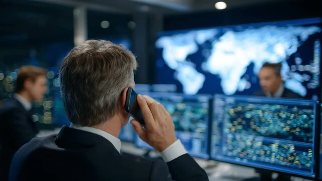 77Back shot of a statesperson in a modern government office, speaking on the phone while multiple monitors show live geopolitical data, world borders, and crisis updates