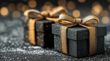 Two black gift boxes with golden bows on dark background for Christmas Black Friday big sale
