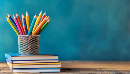 Back to school concept with colorful pencils and books on wooden desk