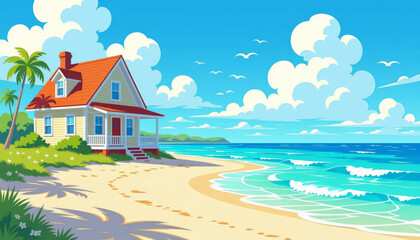 Beach house on sandy shore with ocean waves