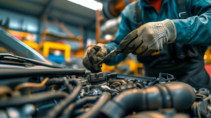 Car mechanic repairing engine in auto service garage station