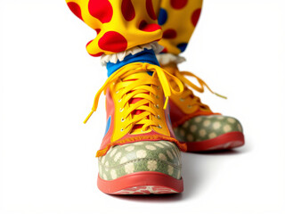 Close up from Clown wearing oversized colorful shoes with polka dots