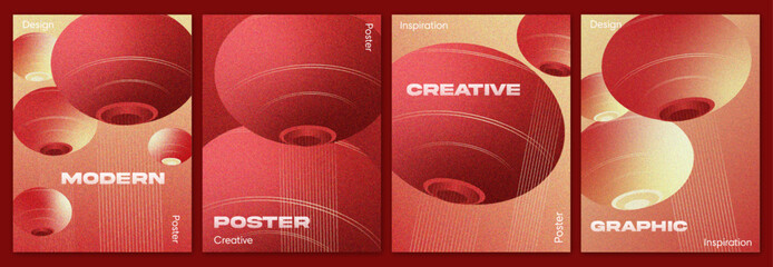 Modern Grain Noise Lanterns Poster Set with Soft Blur Effects in Warm Red and Golden Tones, Ideal for New Year Celebrations and the Mid-Autumn Festival