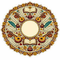 Mandala with Veena Instruments Books and Feathers circular design Indian musical instrument
