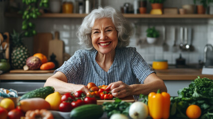 Senior woman smiling preparing fresh healthy food in kitchen