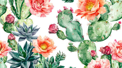 Watercolor seamless pattern showcasing blooming cactus and succulents