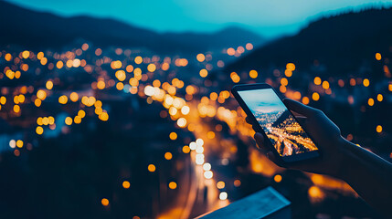 Person holding smartphone displaying vibrant city light panorama against dark, bokeh background of urban sprawl at dusk or night