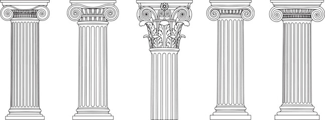 An array of intricately designed classical columns, each bearing a unique architectural style, stand in a row. A study in design.