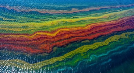 Breathtaking aerial view revealing a kaleidoscope of vibrant, abstract color patterns swirling in natural water, a mesmerizing display of fluid dynamics and environmental artistry