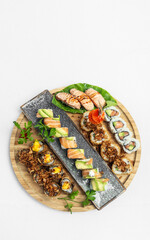 sushi mixed plate moriawase meal on plate in japanese restaurant