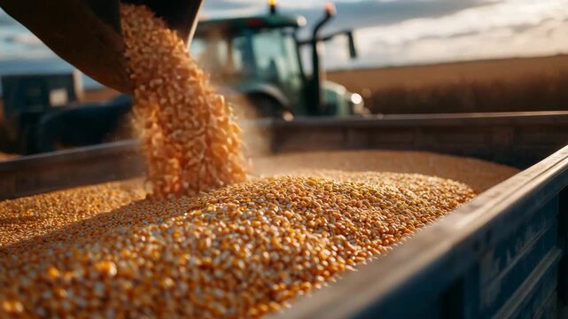 123Detailed look at a truck bed filling rapidly with corn kernels, sunlight forming glowing patterns across the uneven grain surface, highlighting industrial efficiency
