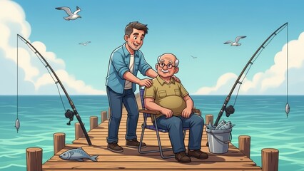 Smiling man in blue shirt and jeans assists elder in fishing chair on wooden pier at sea.