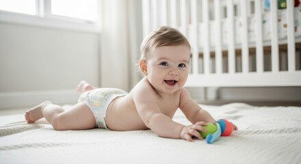Baby in diaper crawling on a blanket in a nursery
