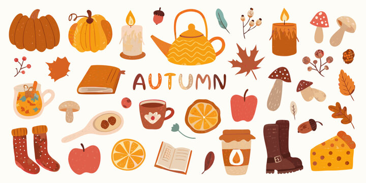 A charming collection of autumn themed illustrations pumpkins leaves and cozy objects